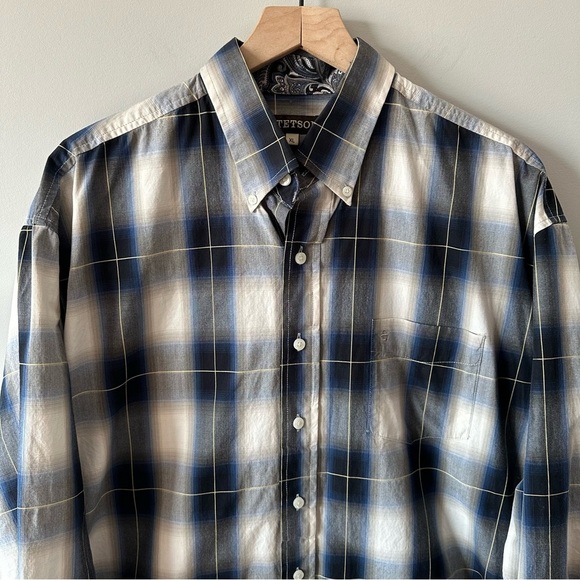 Stetson Western Shirt Men's XL Blue & White Plaid Button Up Long Sleeve Rodeo - Picture 3 of 14